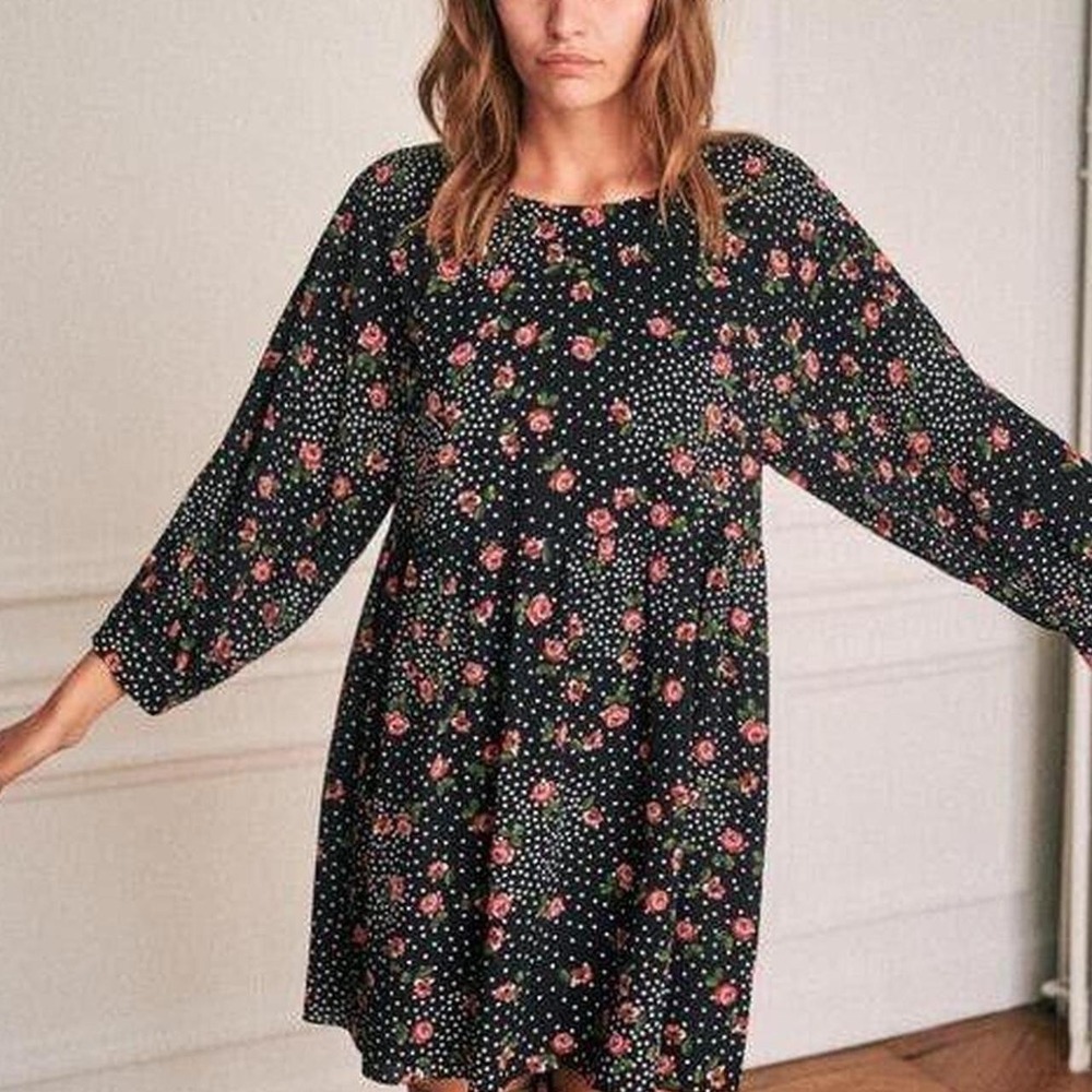 Sezane Tunic Dress Womens 36 Navy Blue Floral Polka Dot City Chic Summer Paris